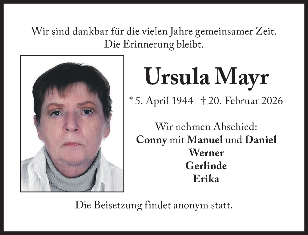  Traueranzeige für Ursula Mayr vom 28.02.2026 aus Süddeutsche Zeitung