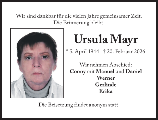Traueranzeige von Ursula Mayr von Süddeutsche Zeitung