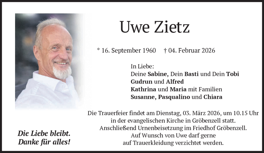  Traueranzeige für Uwe Zietz vom 21.02.2026 aus Süddeutsche Zeitung