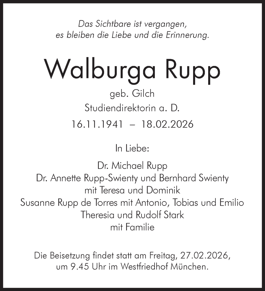  Traueranzeige für Walburga Rupp vom 24.02.2026 aus Süddeutsche Zeitung