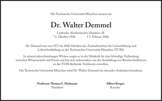 Traueranzeige von Walter Demmel von Süddeutsche Zeitung