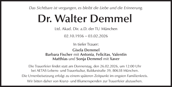 Traueranzeige von Walter Demmel von Süddeutsche Zeitung
