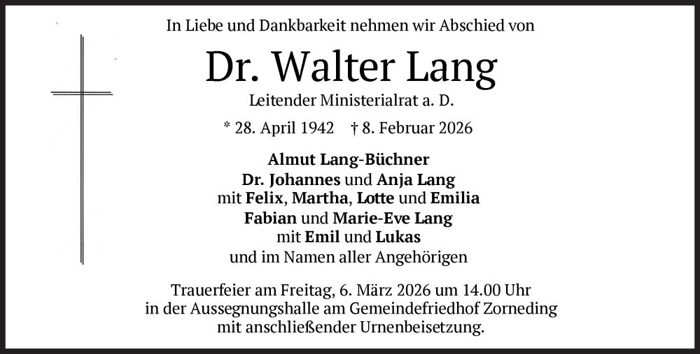  Traueranzeige für Walter Lang vom 28.02.2026 aus Süddeutsche Zeitung