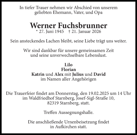 Traueranzeige von Werner Fuchsbrunner von Süddeutsche Zeitung