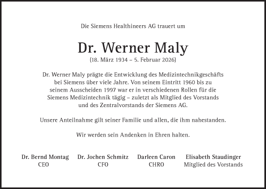Traueranzeige von Werner Maly von Süddeutsche Zeitung