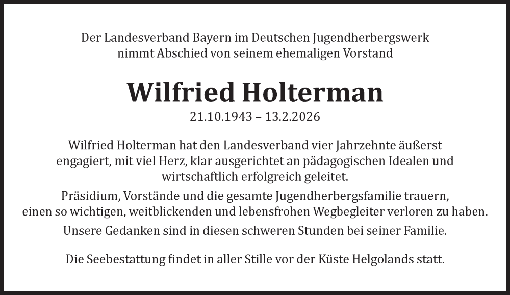  Traueranzeige für Wilfried Holterman vom 21.02.2026 aus Süddeutsche Zeitung