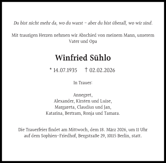 Traueranzeige von Winfried Sühlo von Süddeutsche Zeitung