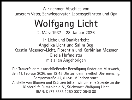 Traueranzeige von Wolfgang Licht von Süddeutsche Zeitung