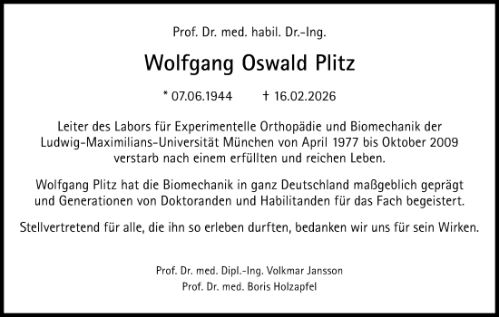 Traueranzeige von Wolfgang Oswald Plitz von Süddeutsche Zeitung