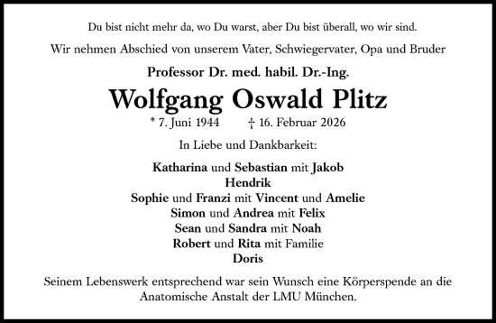Traueranzeige von Wolfgang Oswald Plitz von Süddeutsche Zeitung